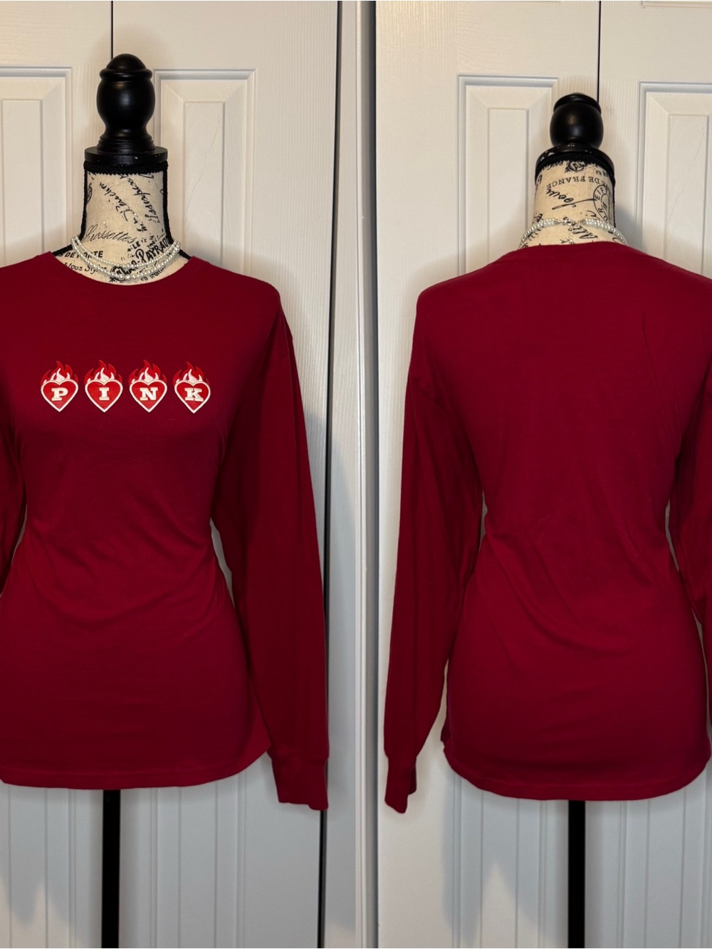 PINK Victoria's Secret Long-Sleeve Graphic Tee - Deep Red with White Accents